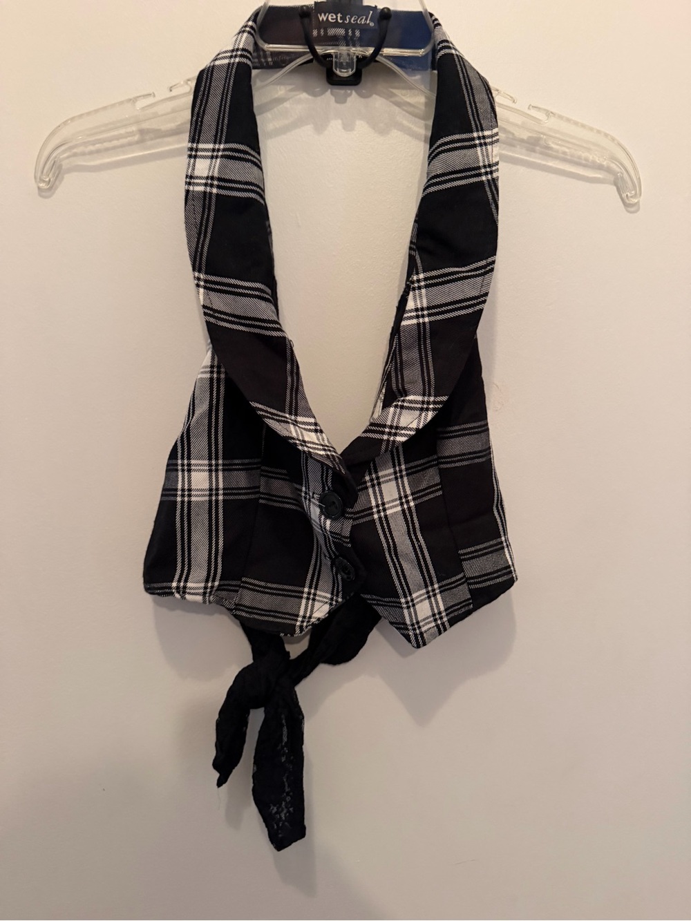 Wet Seal Black and White Plaid Tie-Front Scarf Vest